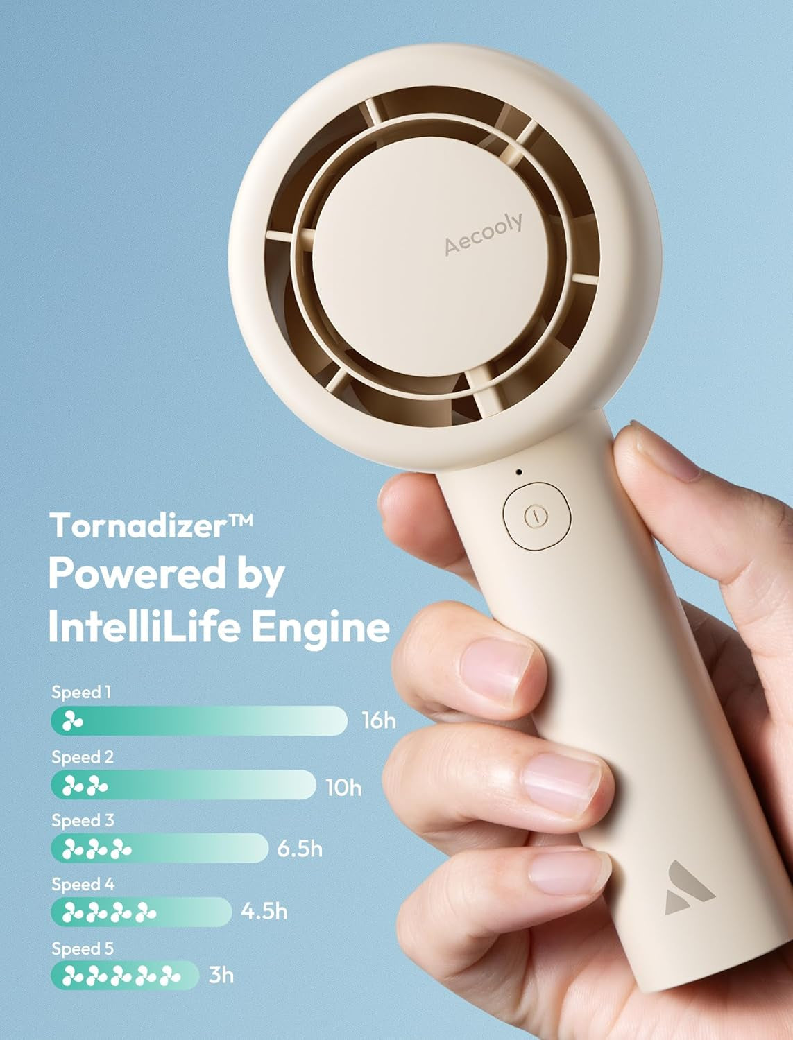 Portable Handheld Turbo Fan [16H Max Cooling Time], 5 Speeds USB Rechargeable Mini Personal Battery Operated Small Pocket Cooling Fan Gifts for Women, Travel, Home, Office, Beach, Lash -Beige