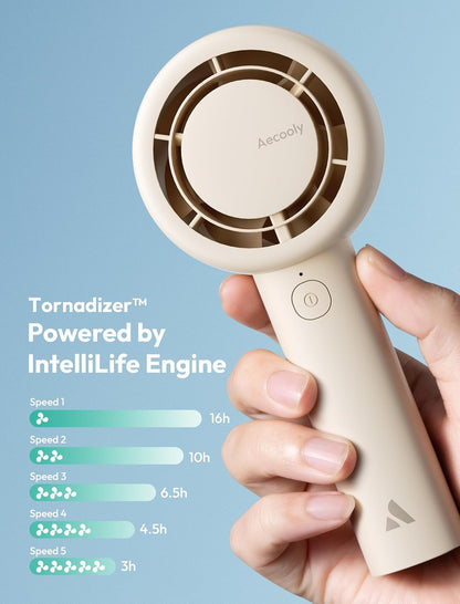 Portable Handheld Turbo Fan [16H Max Cooling Time], 5 Speeds USB Rechargeable Mini Personal Battery Operated Small Pocket Cooling Fan Gifts for Women, Travel, Home, Office, Beach, Lash -Beige