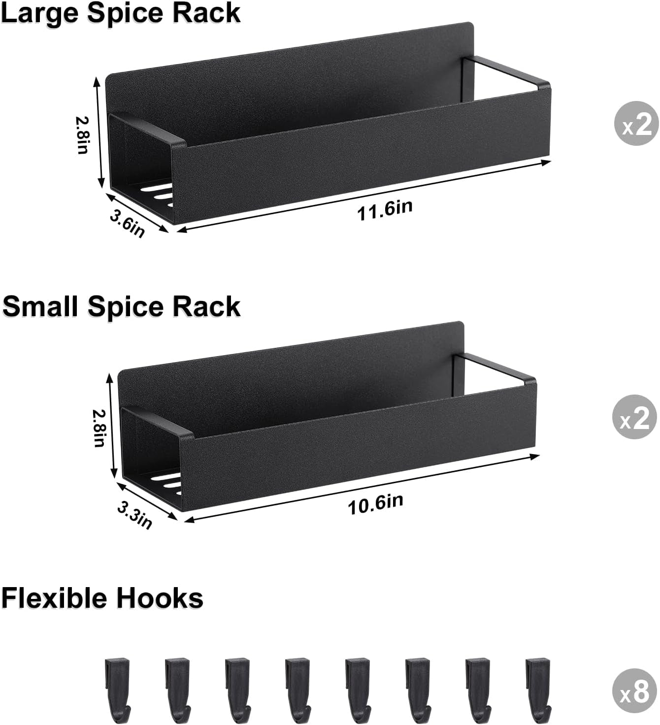 Magnetic Spice Rack for Refrigerator，Fridge Organizer for Kitchen Organization and Storage, 4 Pack (Black) Metal Shelf with 8 Moveable Hooks