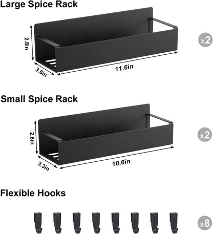 Magnetic Spice Rack for Refrigerator，Fridge Organizer for Kitchen Organization and Storage, 4 Pack (Black) Metal Shelf with 8 Moveable Hooks