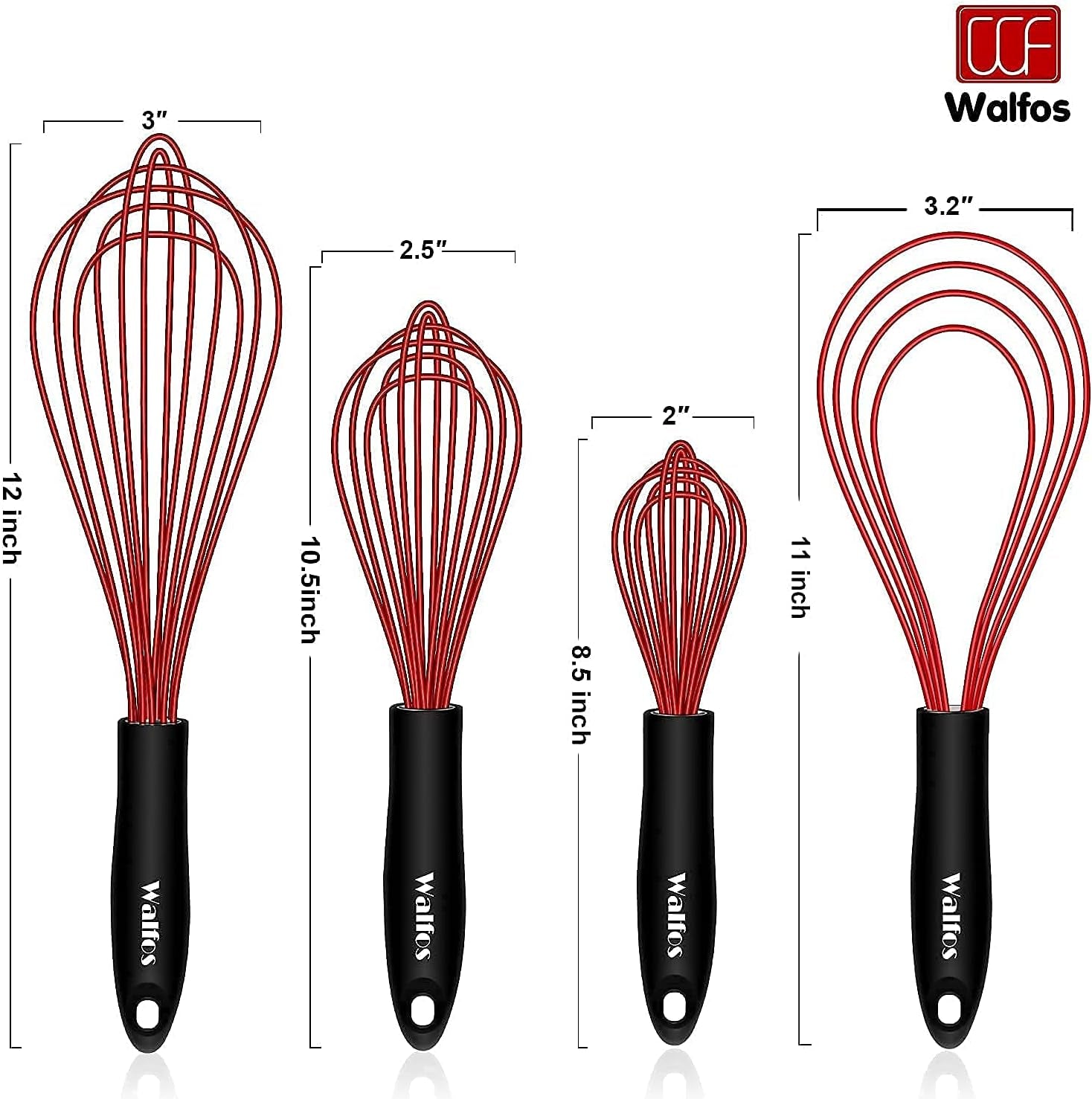 Whisk,Silicone Whisks 11'' Flat Whisk and 7''+9''+11'' Balloon Wisk Set for Blending Beating Stirring and Kitchen Cooking.Bpa Free and Heat Resistant 480°F.Red