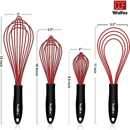 Whisk,Silicone Whisks 11'' Flat Whisk and 7''+9''+11'' Balloon Wisk Set for Blending Beating Stirring and Kitchen Cooking.Bpa Free and Heat Resistant 480°F.Red