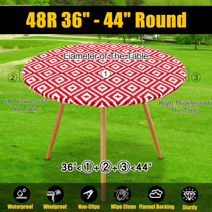 round Picnic Table Cloth, Waterproof Elastic Fitted Outdoor Tablecloths for 36"-44" Tables, Wipeable Flannel Backed Vinyl Table Cover for Camping, Dining and Indoor, Red
