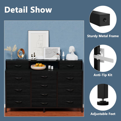 55-Inch Black Dresser with LED Lighting and Power Outlets, Featuring 12 Storage Drawers and 2 Shelves, Ideal for Bedroom, Living Room, or Entryway, Wooden Top with Metal Frame