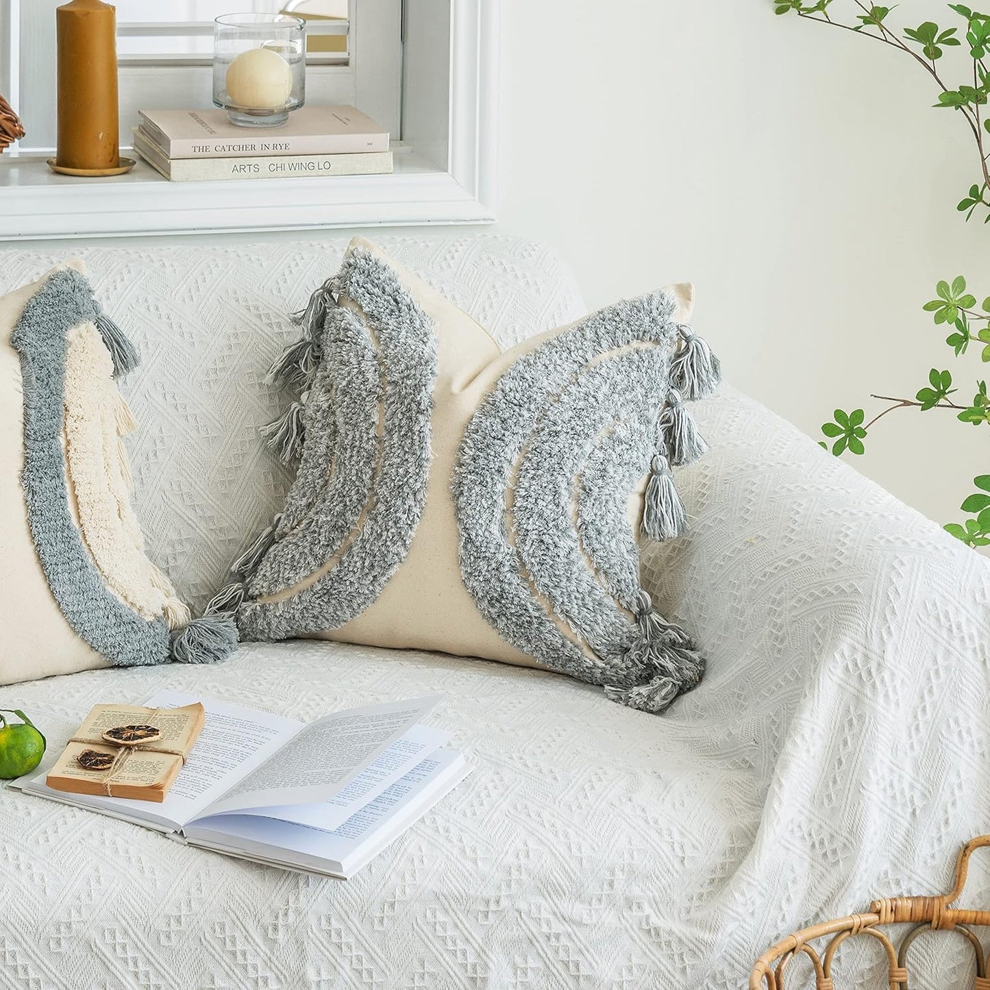 Gorgeous Half Moon Accent Boho Tufted Decorative Throw Pillow Cover, Stylish & Cozy Rainbow Design Cotton Canvas Cushion Cover | Tassels Pillow Case Home Decor 18"X 18" Mixed Grey 1 Piece