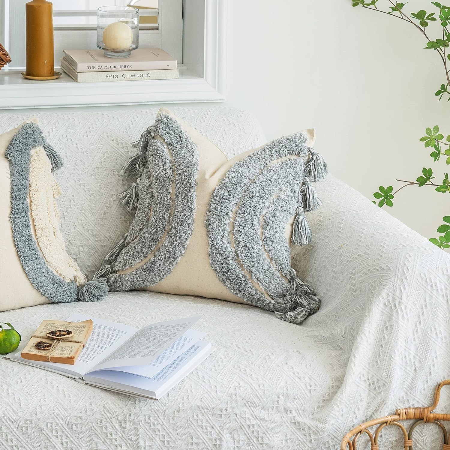 Gorgeous Half Moon Accent Boho Tufted Decorative Throw Pillow Cover, Stylish & Cozy Rainbow Design Cotton Canvas Cushion Cover | Tassels Pillow Case Home Decor 18"X 18" Mixed Grey 1 Piece