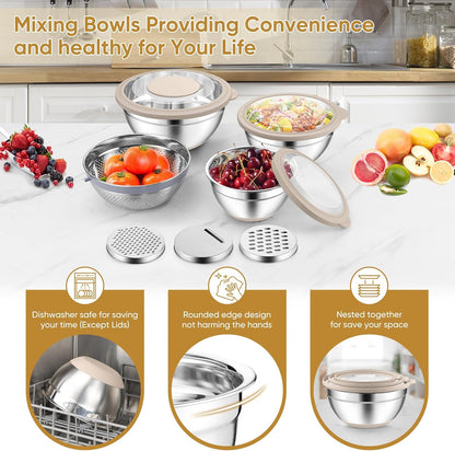 Mixing Bowls with Lids Set of 3, Stainless Steel Mixing Bowl and Colander for Kitchen, 3 Grater Attachments & Non-Slip Bottoms, Visible & Airtight Lid, Khaki