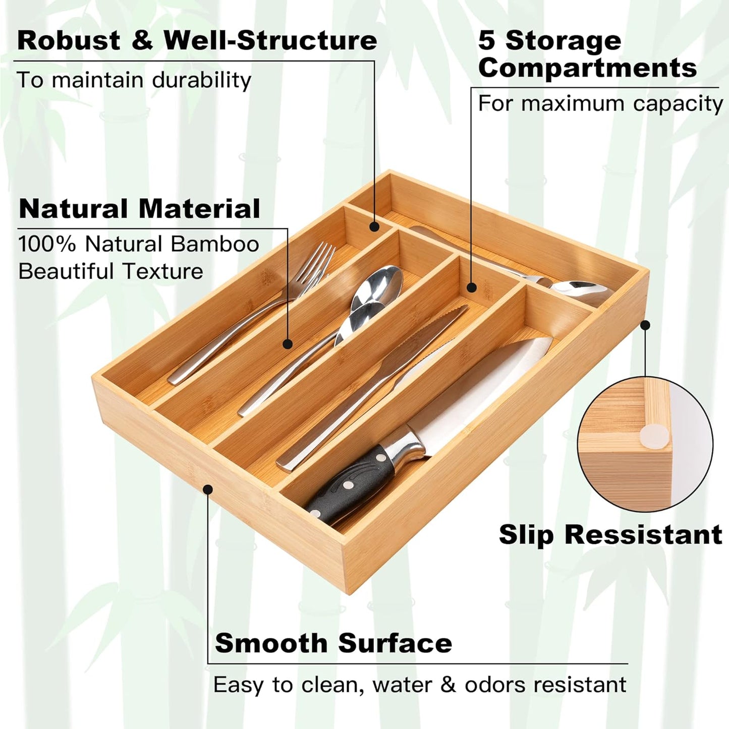 Silverware Organizer Kitchen Drawer Organizer Utensil Organizer Bamboo Silverware Holder Cutlery Organizer in Drawer Flatware Organizer Tray(5 Slots, Natural