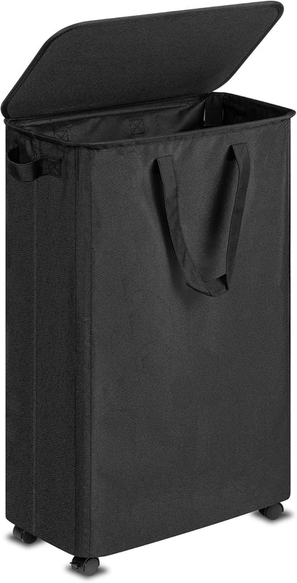 Slim Laundry Hamper with Lid and Wheels, Small Rolling Laundry Basket with Handle for Small Spaces, Tall Dirty Clothes Hampers for Dorm, Bathroom and Bedroom, 75L Black