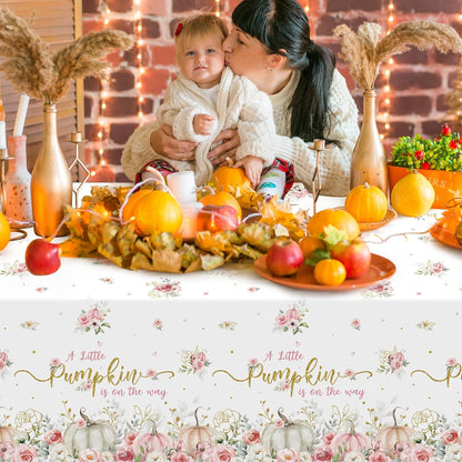 3Pcs 108X54Inch a Little Pumpkin Is on the Way Plastic Tablecloths, Floral Baby Girl Shower Tablecloth, Disposable Table Cover for Fall Baby Shower Gender Reveal Party Decorations