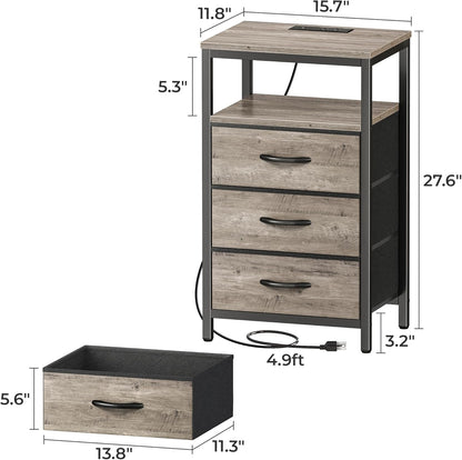 27.6-Inch Nightstand with Charging Station, End Table Featuring USB Ports and Outlets, Bedroom Night Stand with Fabric Drawers in Oak Finish