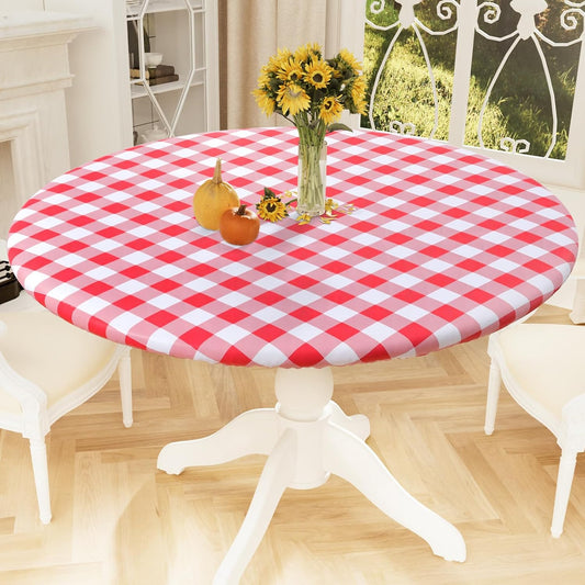 round Picnic Tablecloth, Elastic Waterproof Fitted Vinyl Tablecloths for 36"-44" Tables, Flannel Backed Buffalo Plaid Table Cover for Dining, Camping, Outdoor, White and Red