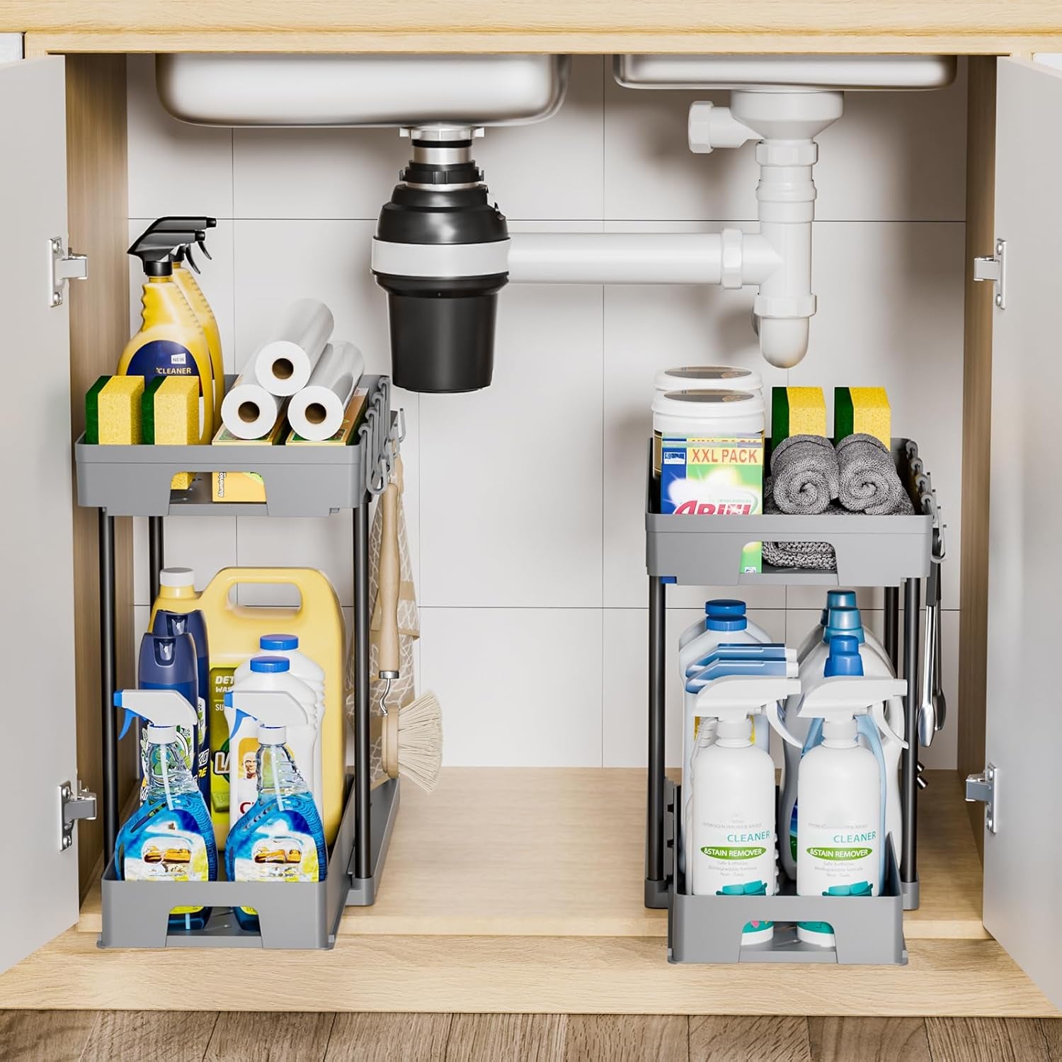under Sink Organizers and Storage, 2 Pack Pull Out Kitchen Bathroom Cabinet Organizer, 2 Tier Grey under Sink Storage for Bathroom Kitchen