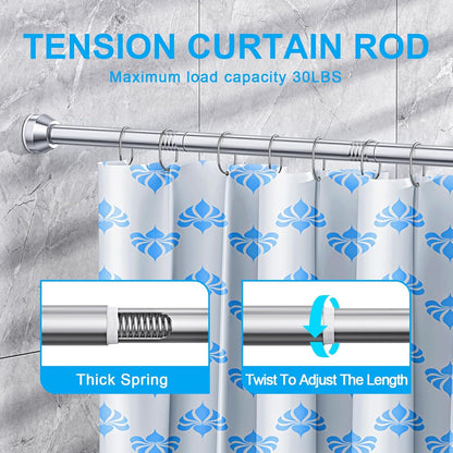 Shower Curtain Rod, 27-76 Inch Adjustable Tension Spring, Shower Curtain Rod Tension, Anti-Slip, Rust-Proof, No Drilling, for Bathroom, Silver