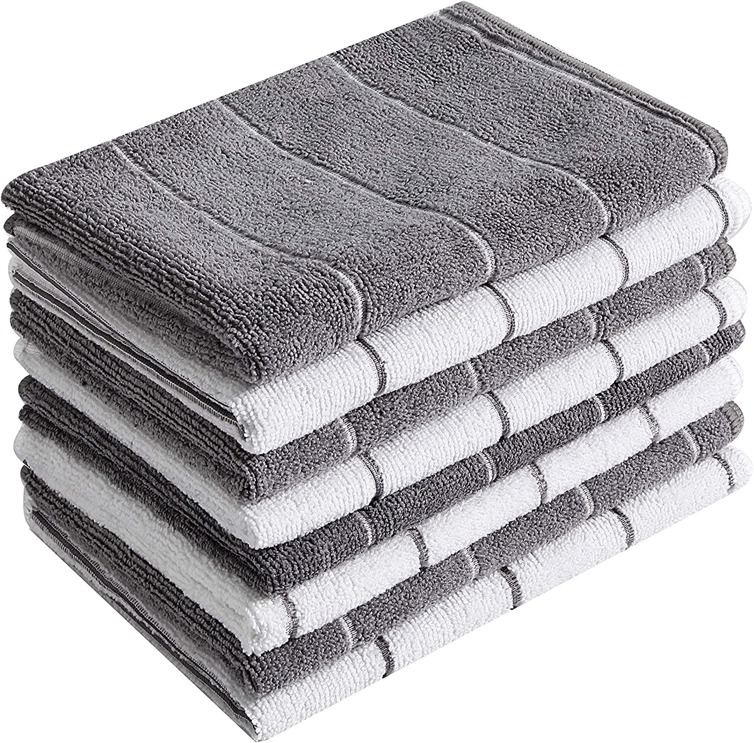 Microfiber Kitchen Towels - Super Absorbent, Soft and Solid Color Dish Towels, 8 Pack (Stripe Designed Grey and White Colors), 26 X 18 Inch