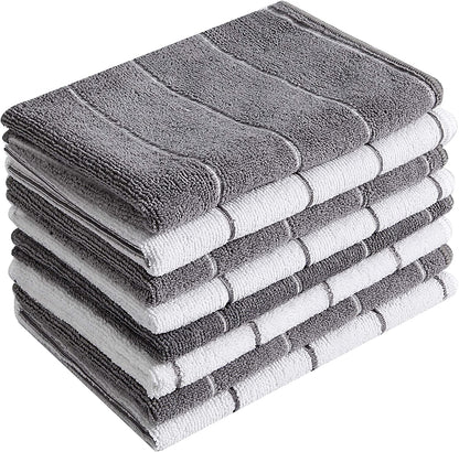 Microfiber Kitchen Towels - Super Absorbent, Soft and Solid Color Dish Towels, 8 Pack (Stripe Designed Grey and White Colors), 26 X 18 Inch