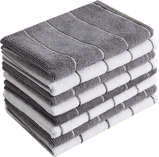 Microfiber Kitchen Towels - Super Absorbent, Soft and Solid Color Dish Towels, 8 Pack (Stripe Designed Grey and White Colors), 26 X 18 Inch