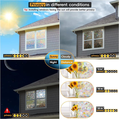 Rainbow Window Privacy Film with Cutting Reference Line, 3D Decals Stained Glass Clings, Static Cling Sticker, Suncatcher Windows Cover Tint for Home, 17.5 Inch X 78.74 Inch