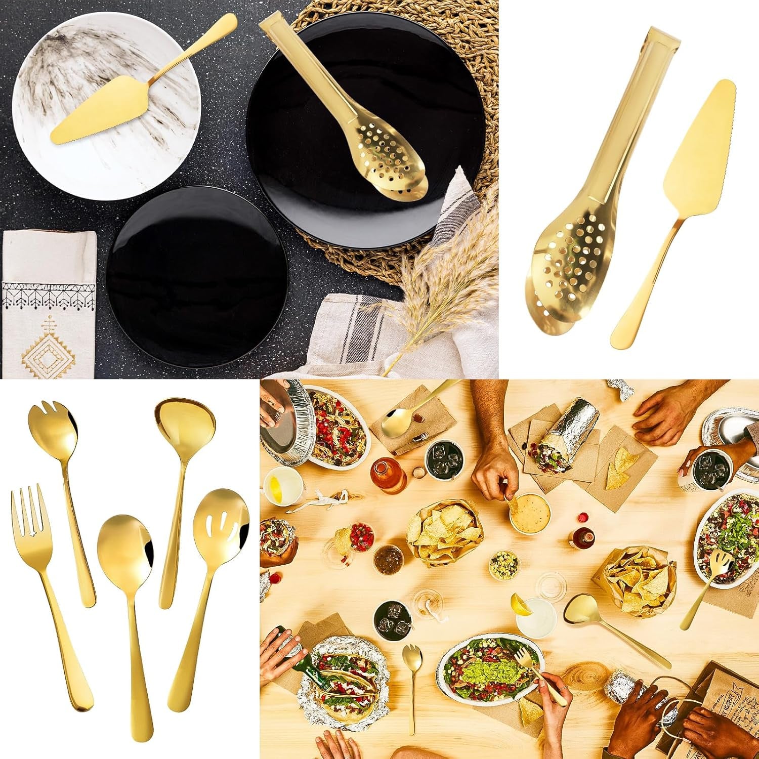 Gold Serving Utensils Set, 12 Pack Polished Stainless Steel, Includes Spoons, Forks, Tongs, Ladle, Cake Server (Gold)