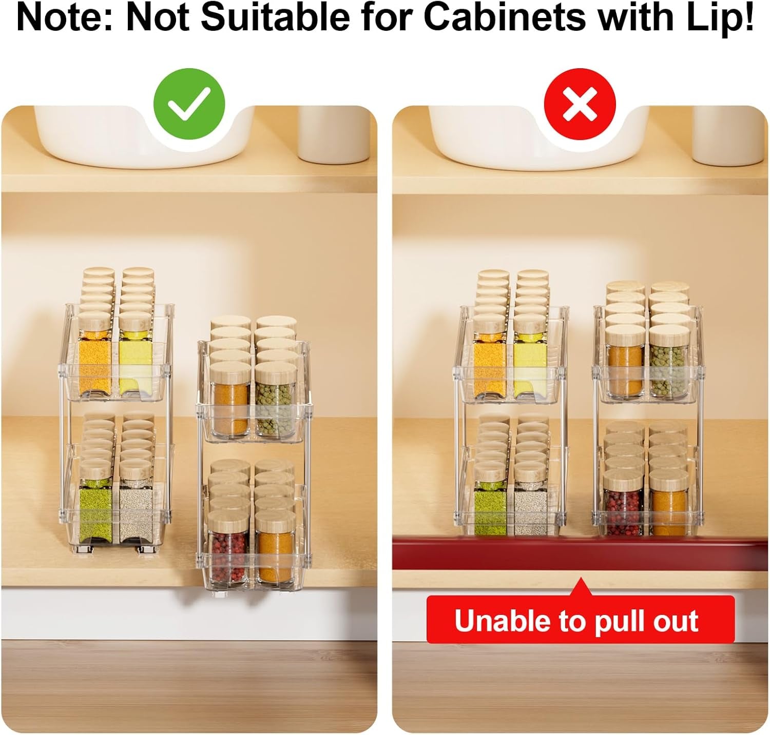 2 Packs Pull Out Spice Rack Organizer for Cabinet, 2 Tier Vertical Spice Organization, 5.47" Wx11.14 Dx9.76 H, Cabinet Size Need:13'' High X 12'' Deep X 6'' Wide(Not for Cabinet with Lip)