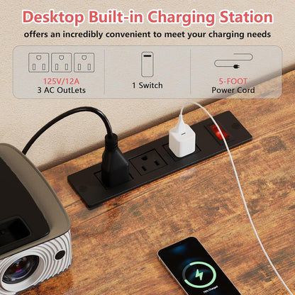 Rustic Brown Bedroom Dresser and TV Stand with 8 Drawers, Power Outlets, and Wood Desk Top - Versatile Storage Solution for Closet and Living Room