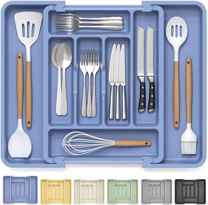 Expandable Large Silverware Organizer for Kitchen Drawers - BPA-Free Thick Plastic with Wider Compartments and Non-Skid Feet (Breezy Blue)