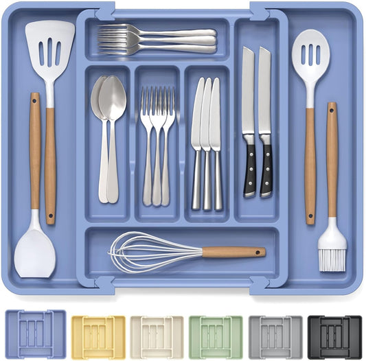Expandable Large Silverware Organizer for Kitchen Drawers - BPA-Free Thick Plastic with Wider Compartments and Non-Skid Feet (Breezy Blue)
