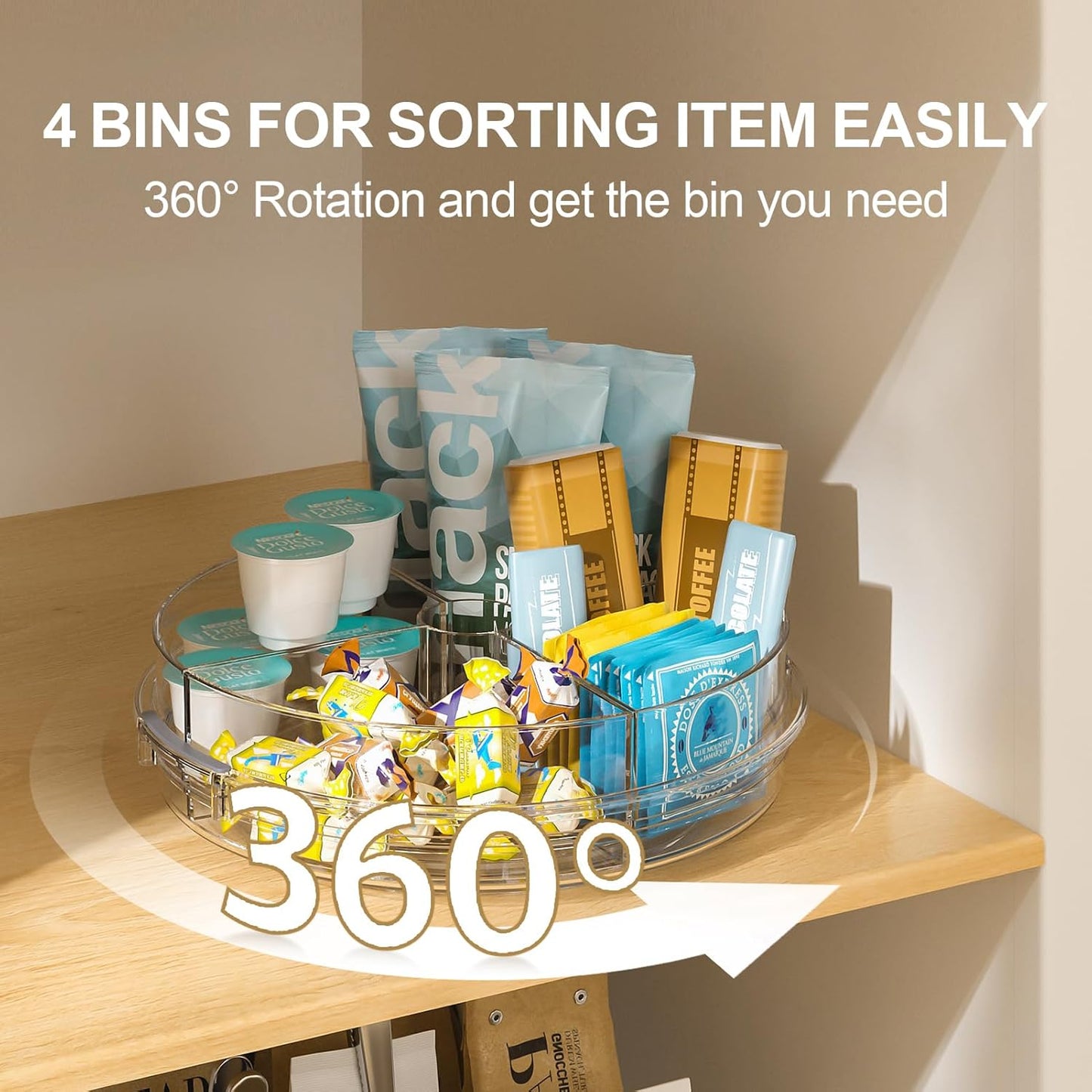 2 Pack Lazy Susan Turntable Organizer for Cabinet with 4 Removable Bins 10.6'' Rotating Condiment Snack Organizer Storage for Kitchen Pantry, Fridge, Bathroom, Medicine Cabinet Organizer