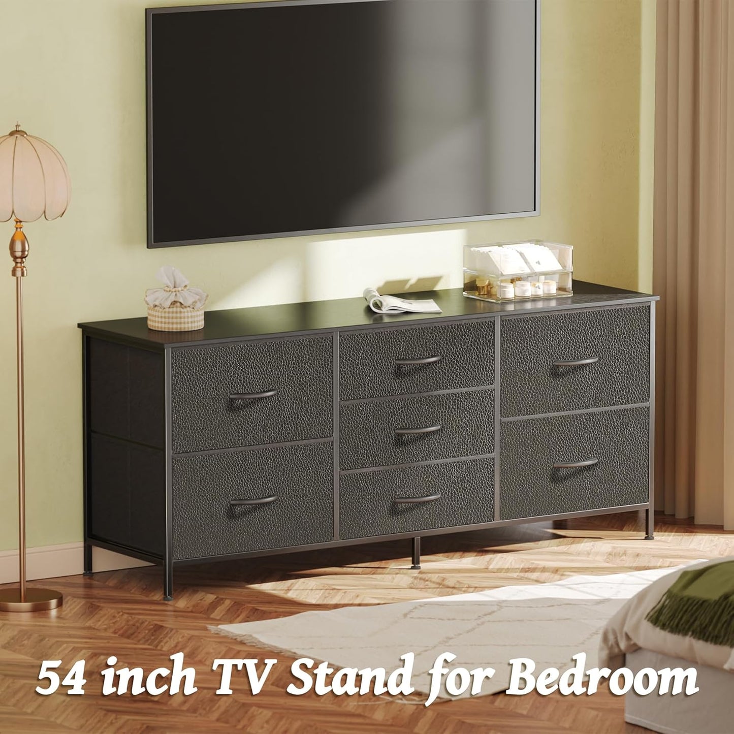 Bedroom Dresser and TV Stand Combo, 55-Inch Unit for 43-60 Inch TVs, Long Fabric Storage Solution with 7 Drawers, Black