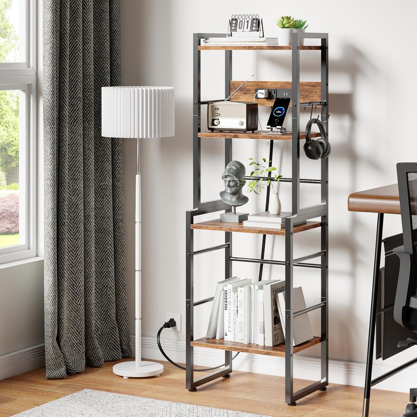 Book Shelf, 4 Tier Bookshelf with Charging Station, Industrial Small Bookcase Set of 2, Display Shelf, Stackable Book Storage Shelves for Bedroom/Living Room/Home Office, Rustic Brown