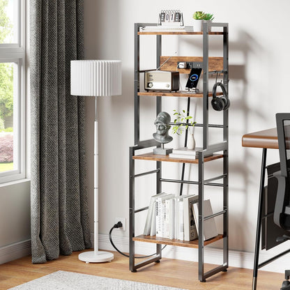 Book Shelf, 4 Tier Bookshelf with Charging Station, Industrial Small Bookcase Set of 2, Display Shelf, Stackable Book Storage Shelves for Bedroom/Living Room/Home Office, Rustic Brown