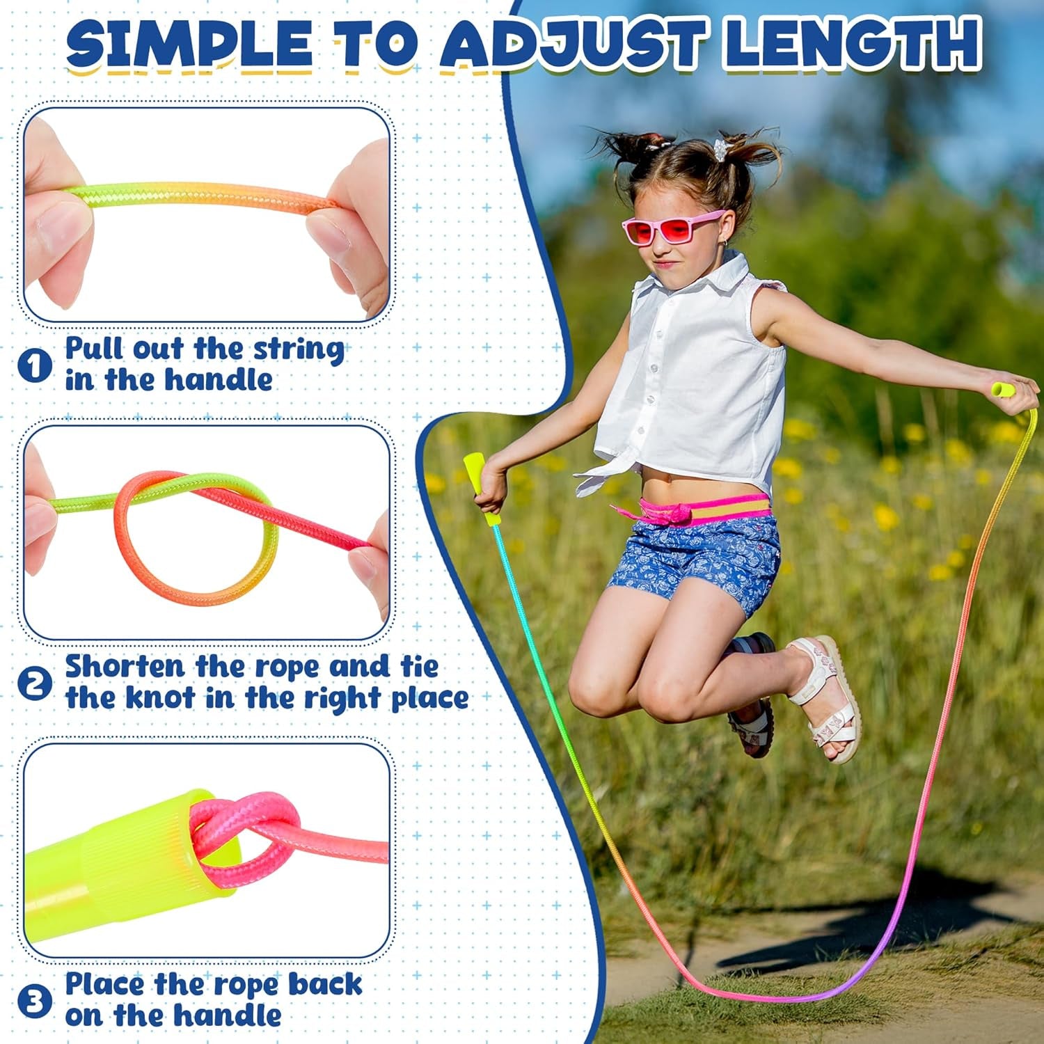 Kids Jump Rope, Colorful Gradient Nylon Skipping Ropes for Children, 7.55FT Adjustable Length, Plastic Handles, Lightweight Jumping Ropes for Schools, Events, and Family Fun