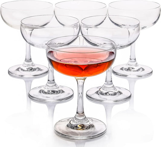 Set of 6 Elegant Crystal Coupe Glasses, 7 Ounce (220ml) - Short Stem Design for Champagne and Sweet Wine