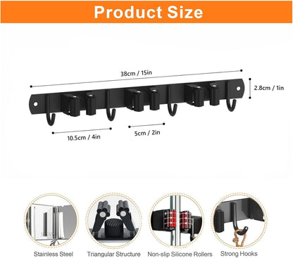 Stainless Steel Wall-Mounted Mop and Broom Holder with 3 Racks and 4 Hooks - Ideal for Kitchen, Garden, and Laundry Room Organization (Black)