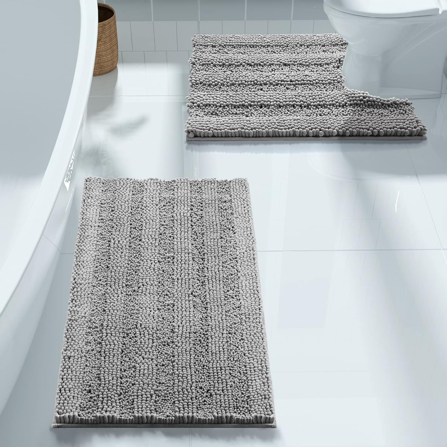Bathroom Rugs Sets 2 Piece, Soft Absorbent Chenille Bath Mat and U-Shaped Toilet Rug, Non Slip Machine Washable Quick Dry, Plush Shower Rugs for Bathroom Floor, 24"X17"+24"X20", Gray