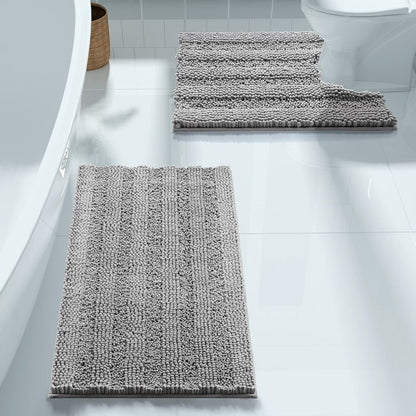 Bathroom Rugs Sets 2 Piece, Soft Absorbent Chenille Bath Mat and U-Shaped Toilet Rug, Non Slip Machine Washable Quick Dry, Plush Shower Rugs for Bathroom Floor, 24"X17"+24"X20", Gray