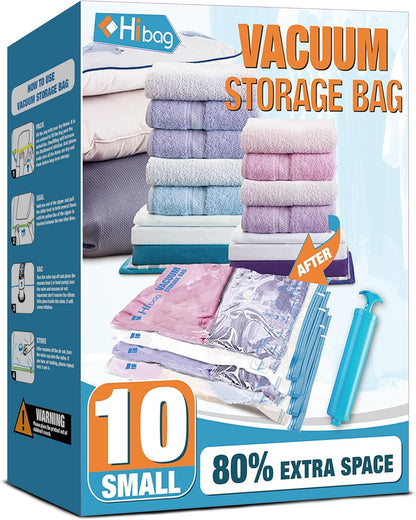 Vacuum Storage Bags, 10 Small Space Saver Vacuum Seal Bags, Space Bags, Vacuum Sealer Bags for Clothes with Travel Hand Pump (10S)