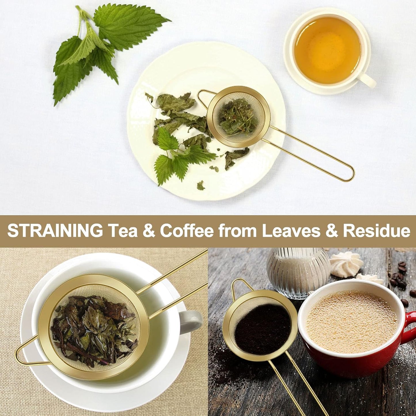 Conical Fine Mesh Strainer Set of 2, 3.3” Stainless Steel Tea Strainer Sieve with Long Handle for Kitchen & Bar, Filtering Tea, Coffee, Cocktail, Dishwasher Safe, (Gold)