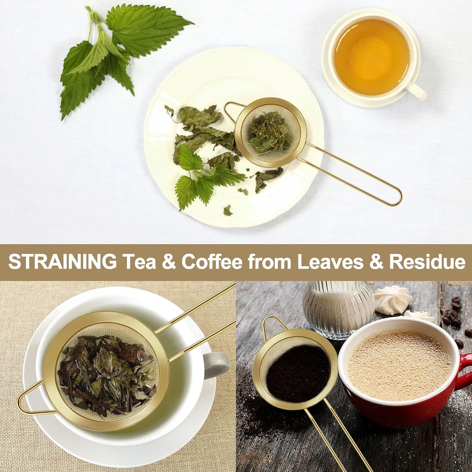 Conical Fine Mesh Strainer Set of 2, 3.3” Stainless Steel Tea Strainer Sieve with Long Handle for Kitchen & Bar, Filtering Tea, Coffee, Cocktail, Dishwasher Safe, (Gold)