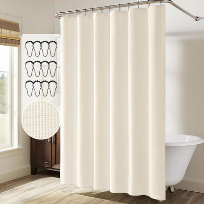 Extra Long Waterproof Linen Shower Curtain Set, 84 Inches with 12 Metal Hooks, Washable Heavy Fabric for Bathroom and Hotel, 72 x 84 Inches, Ivory