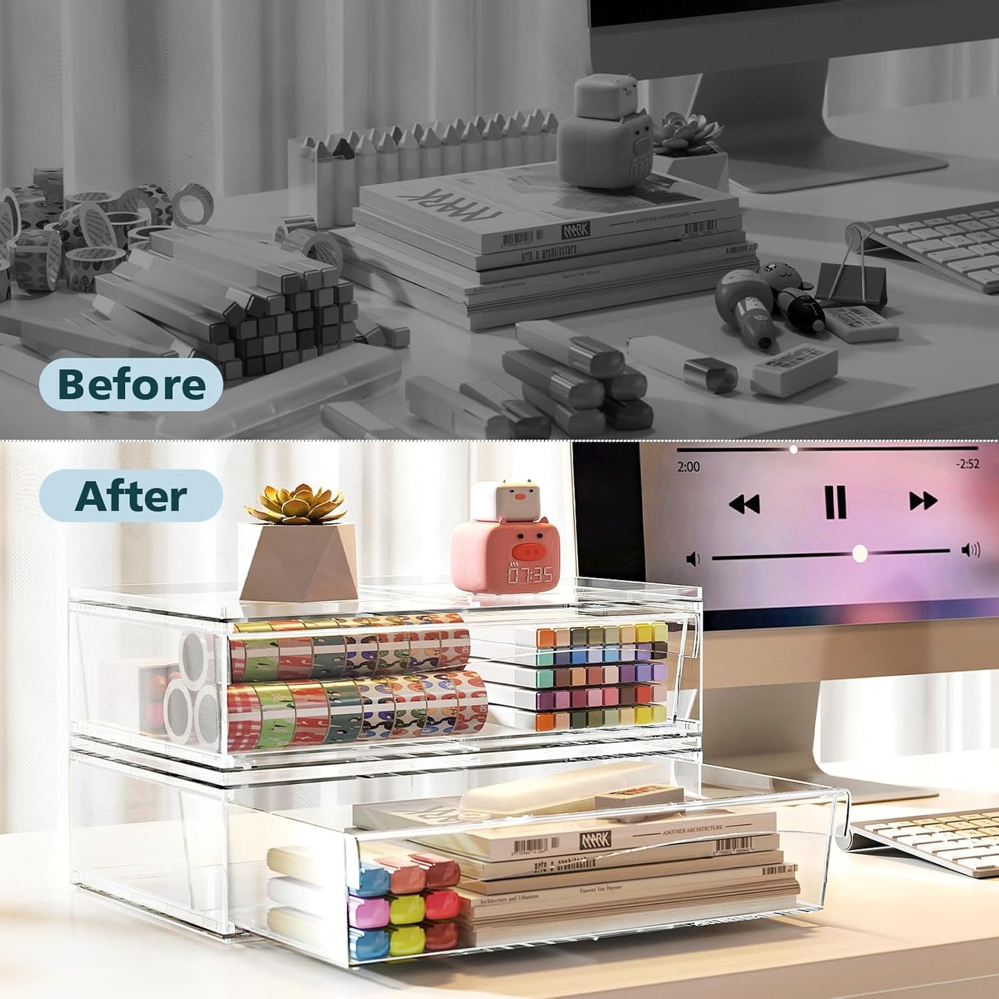 Acrylic Stackable Storage Drawers, 3.5'' Non-Slip Bathroom Makeup Organizer Countertop, Clear Drawer Organizers for Vanity, Bathroom, Office, Undersink, Kitchen, Pantry, Cabinet, 2 Pack