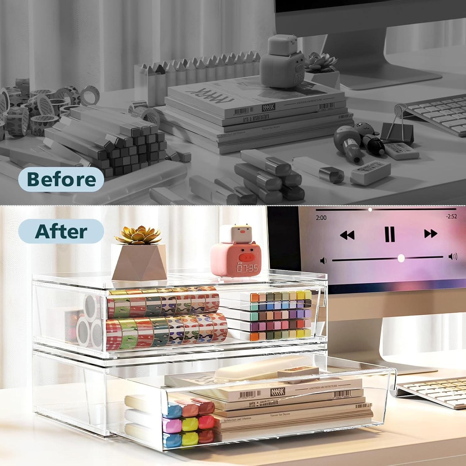 Acrylic Stackable Storage Drawers, 3.5'' Non-Slip Bathroom Makeup Organizer Countertop, Clear Drawer Organizers for Vanity, Bathroom, Office, Undersink, Kitchen, Pantry, Cabinet, 2 Pack