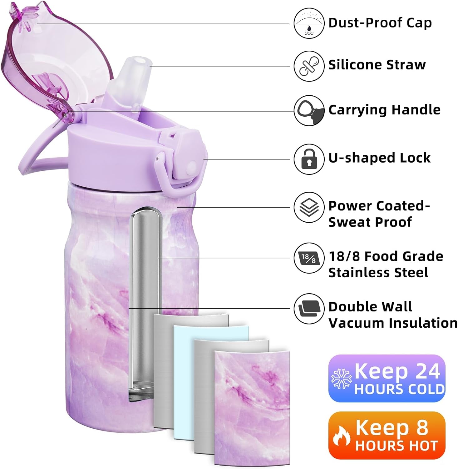 Stainless Steel Insulated Water Bottle with Straw Lid 14Oz Reusable Metal Thermo Bottles Keep Cold and Hot,Dawn