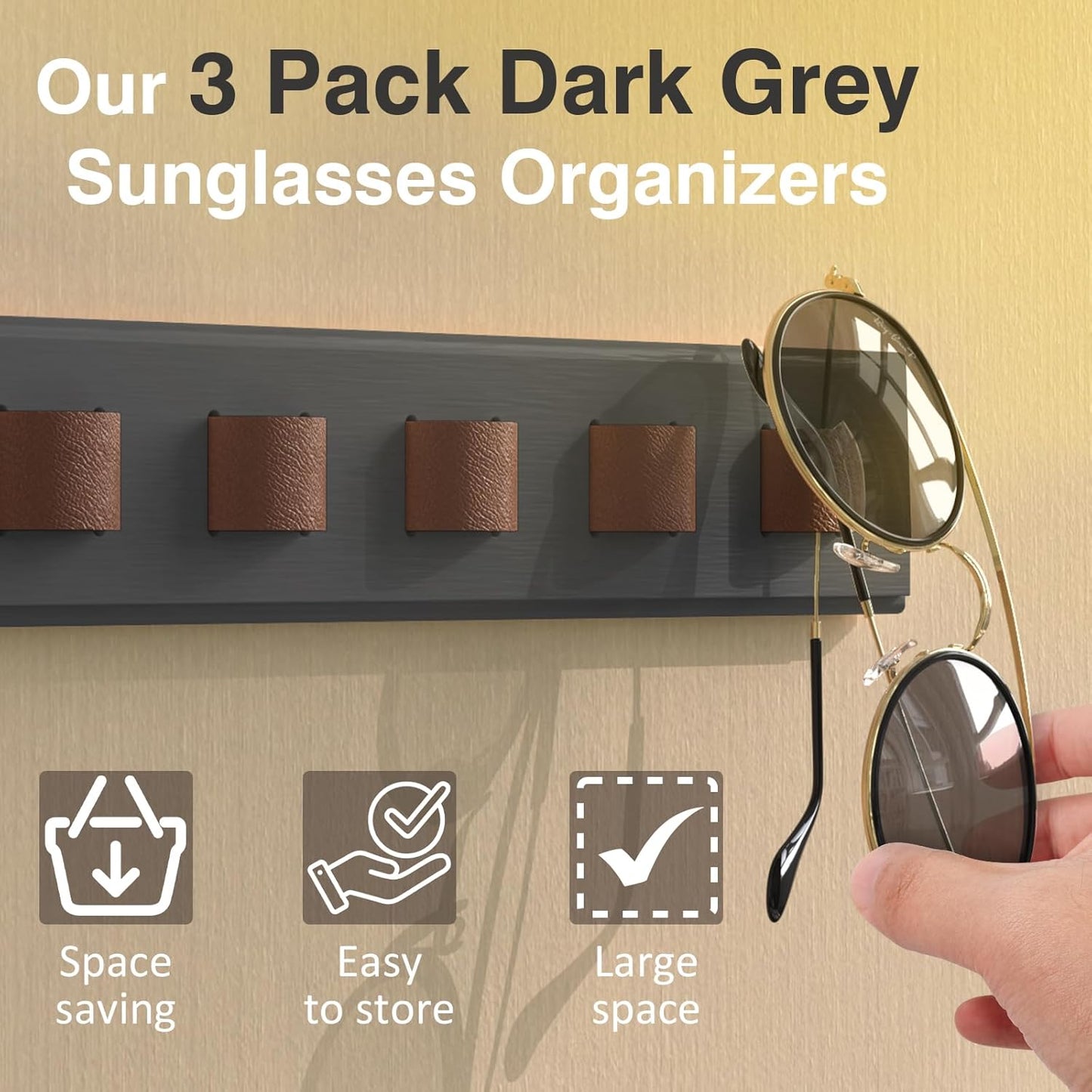 3 Pack Sunglass Organizer, Wall Mounted Sunglasses Organizer, Wooden Glasses Holder Sunglass Holder, Sunglasses Rack for Hanging Your Multiple Eyeglasses, for Wall, Home Decor(Dark Grey)