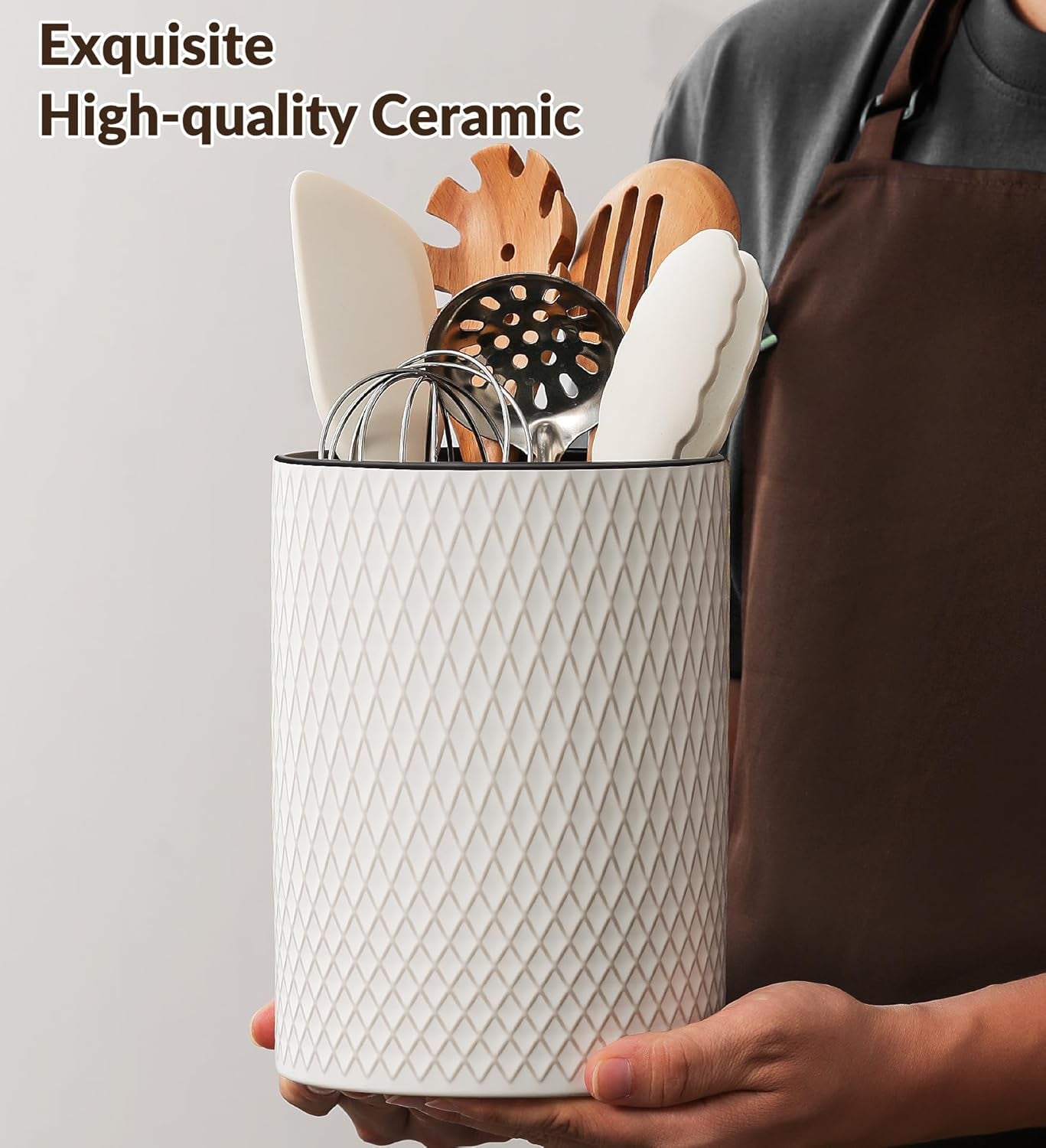 Utensil Holder 7.5+6In, Extra Large Stable Ceramic Embossed Dishwasher Safe Kitchen Utensils Holder, Ideal for Counter, Cooking Spatula Crock Organizer, Set of 2 (White Diamond Check)