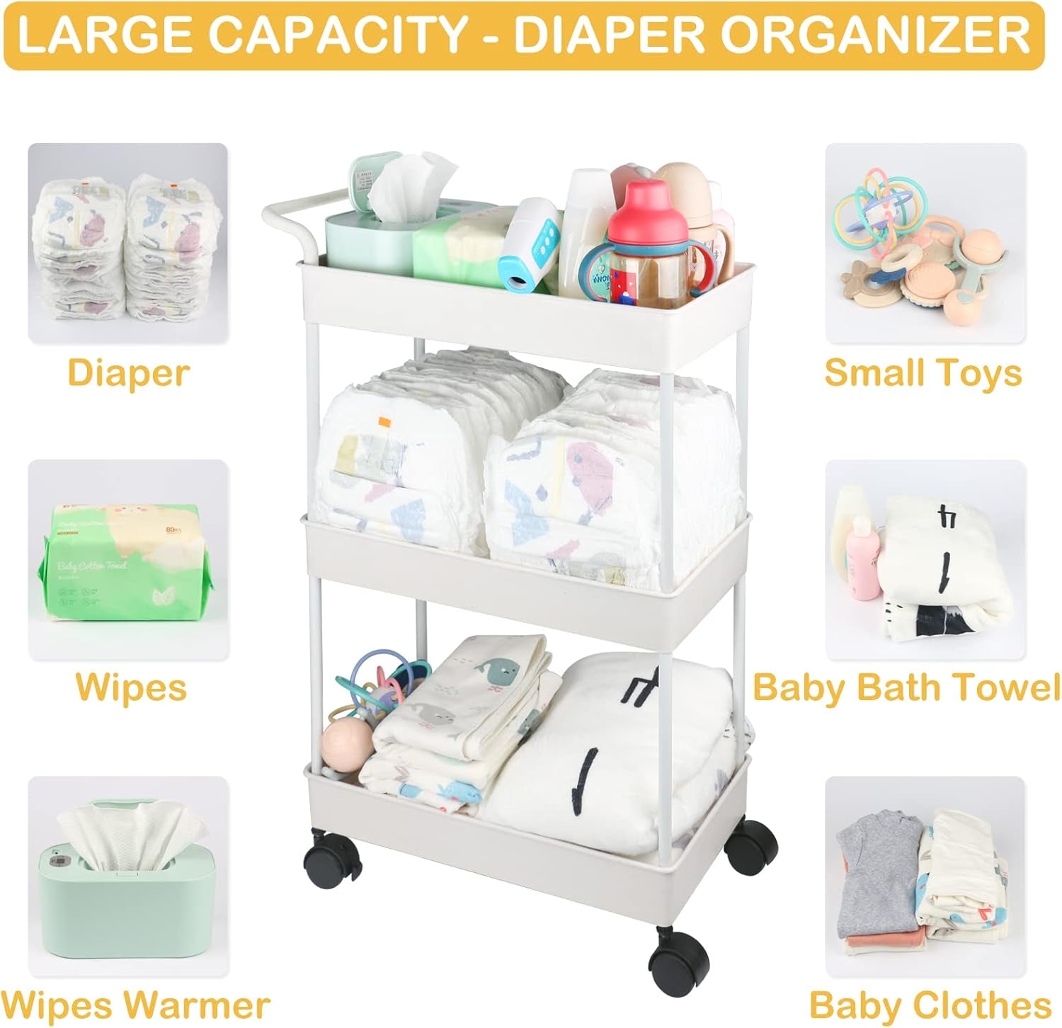 Baby Diaper Caddy, Plastic Movable Cart for Newborn Nursery Essentials Diaper Storage Caddy Organizer for Changing Table & Crib, Easy to Assemble, Beige