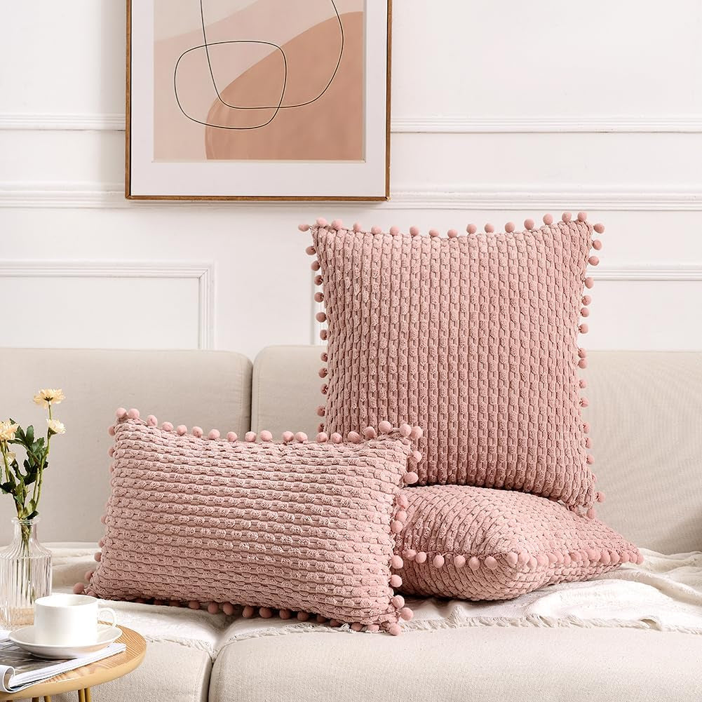 2 Packs Dusty Pink Decorative Throw Pillow Covers 18X18 Inch with Pom-Poms for Couch Bedroom Living Room, Farmhouse Boho Home Decor, Soft Cute Plush Corduroy Blush Cushion Case 45X45 Cm