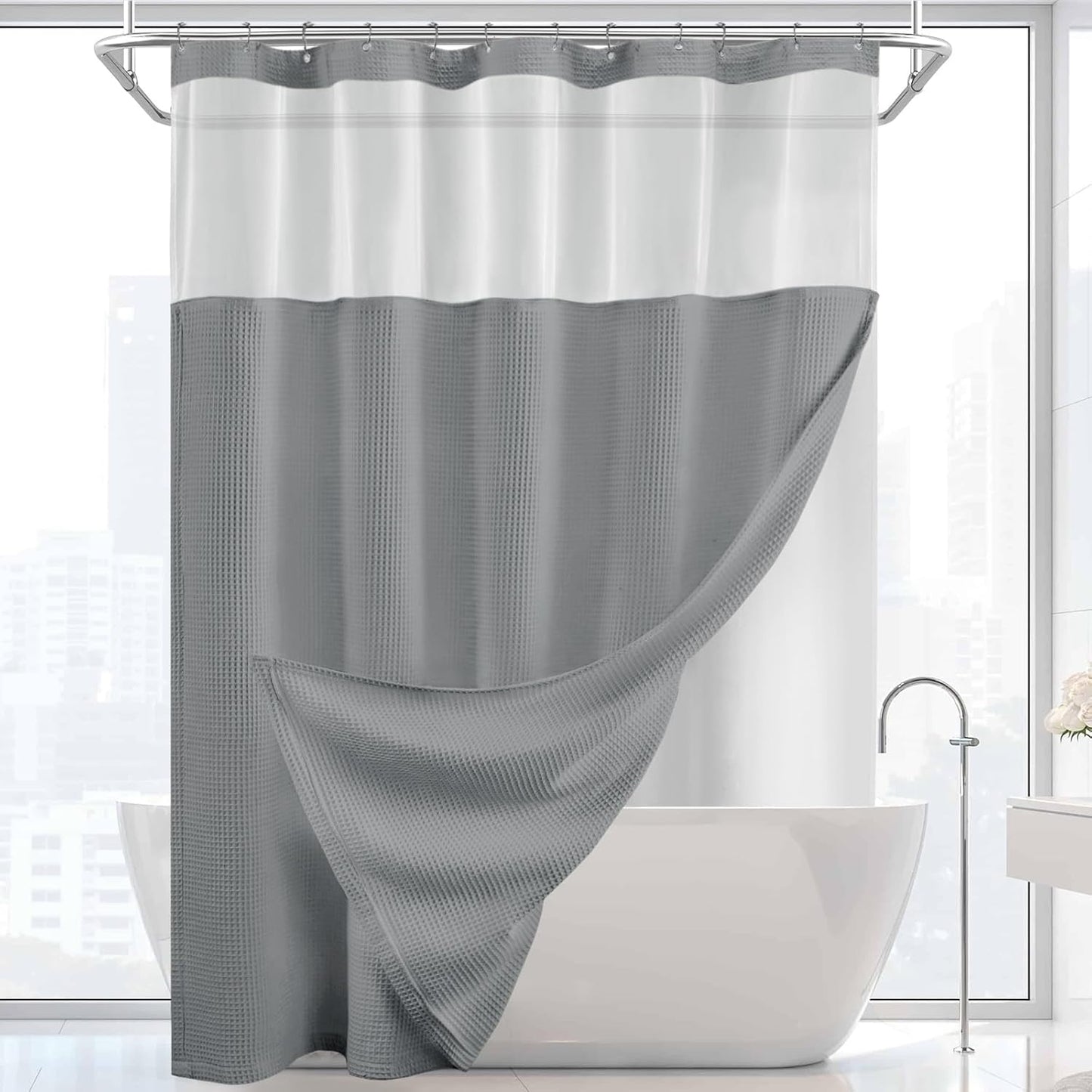 Shower Curtain and Liner Set,Grey Waffle Hotel Shower Curtain with Snap in Liner and Hooks,Double Shower Curtains Washable for Bathroom 72" Wx78 L