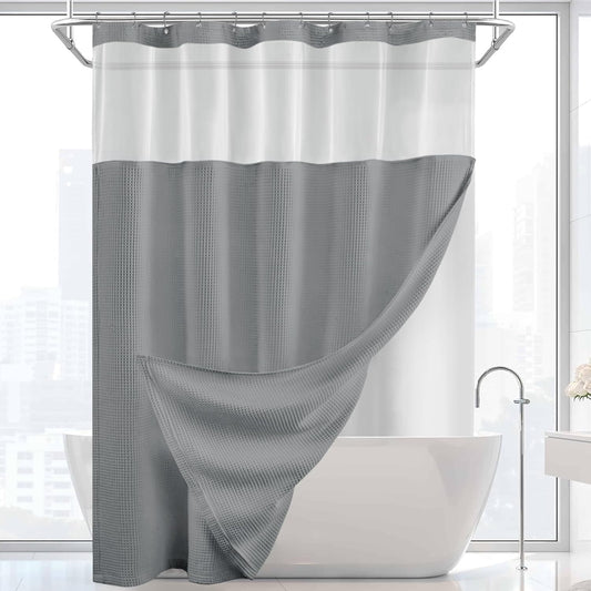 Shower Curtain and Liner Set,Grey Waffle Hotel Shower Curtain with Snap in Liner and Hooks,Double Shower Curtains Washable for Bathroom 72" Wx78 L