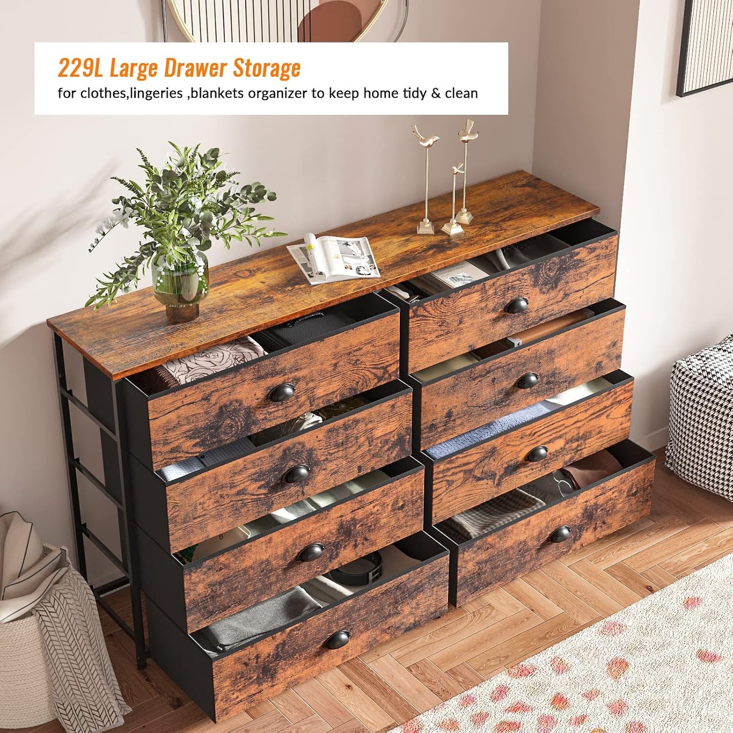 Rustic Brown Long Dresser and TV Stand for 55'' TV with 8 Fabric Bins - Versatile Storage Unit for Bedroom, Office, Dorm, Closet, and Entryway